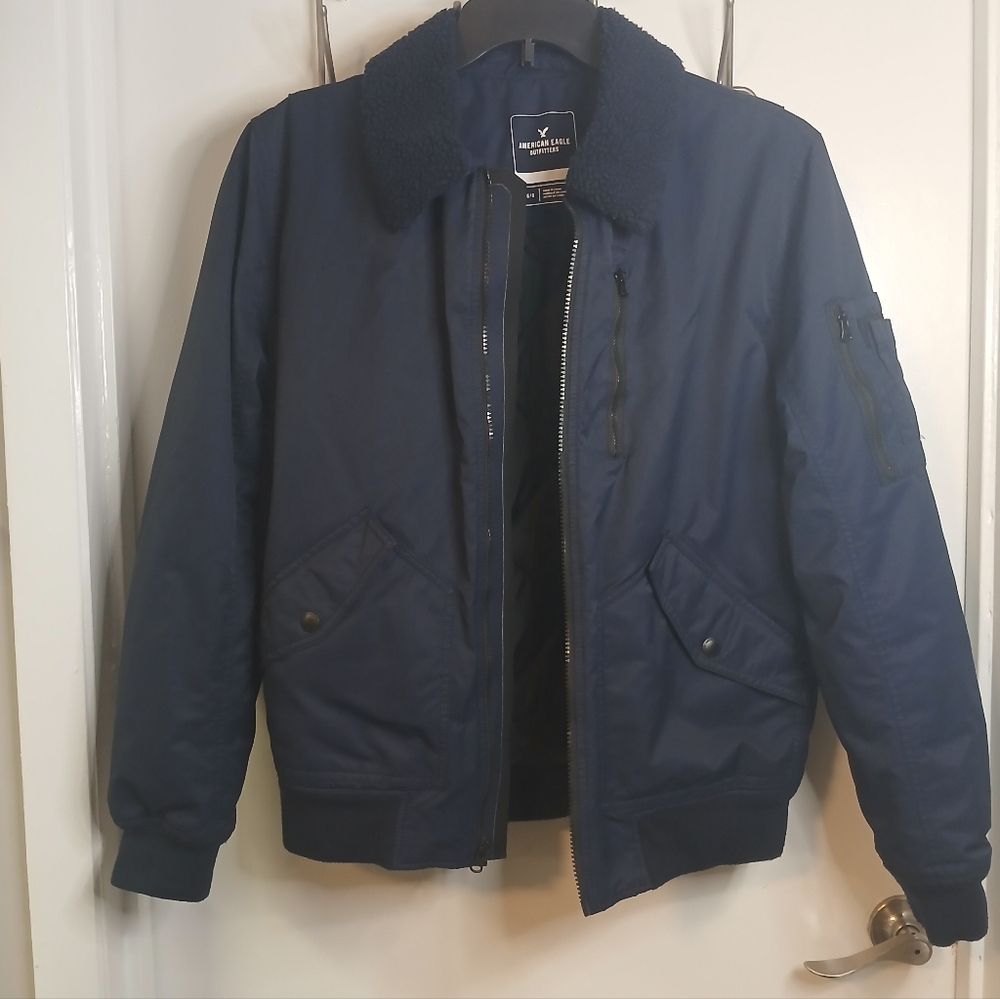 Navy Blue Sherpa Collar Zip Front Bomber Jacket L American Eagle Outfitters